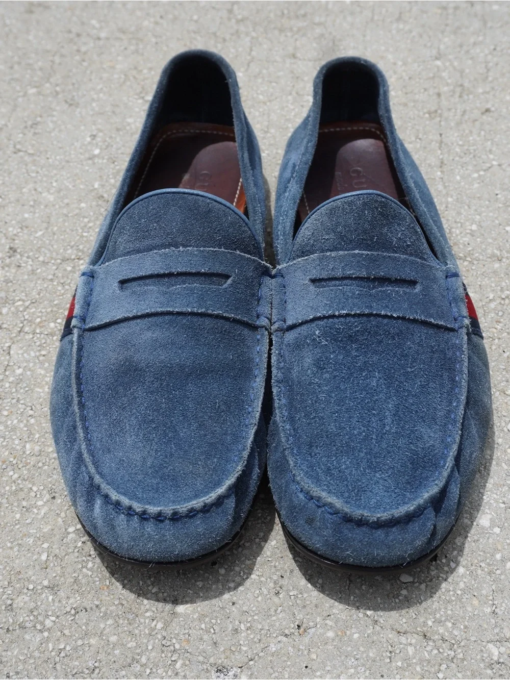 Gucci Men's Blue Suede Loafers with Red Web Stripe
